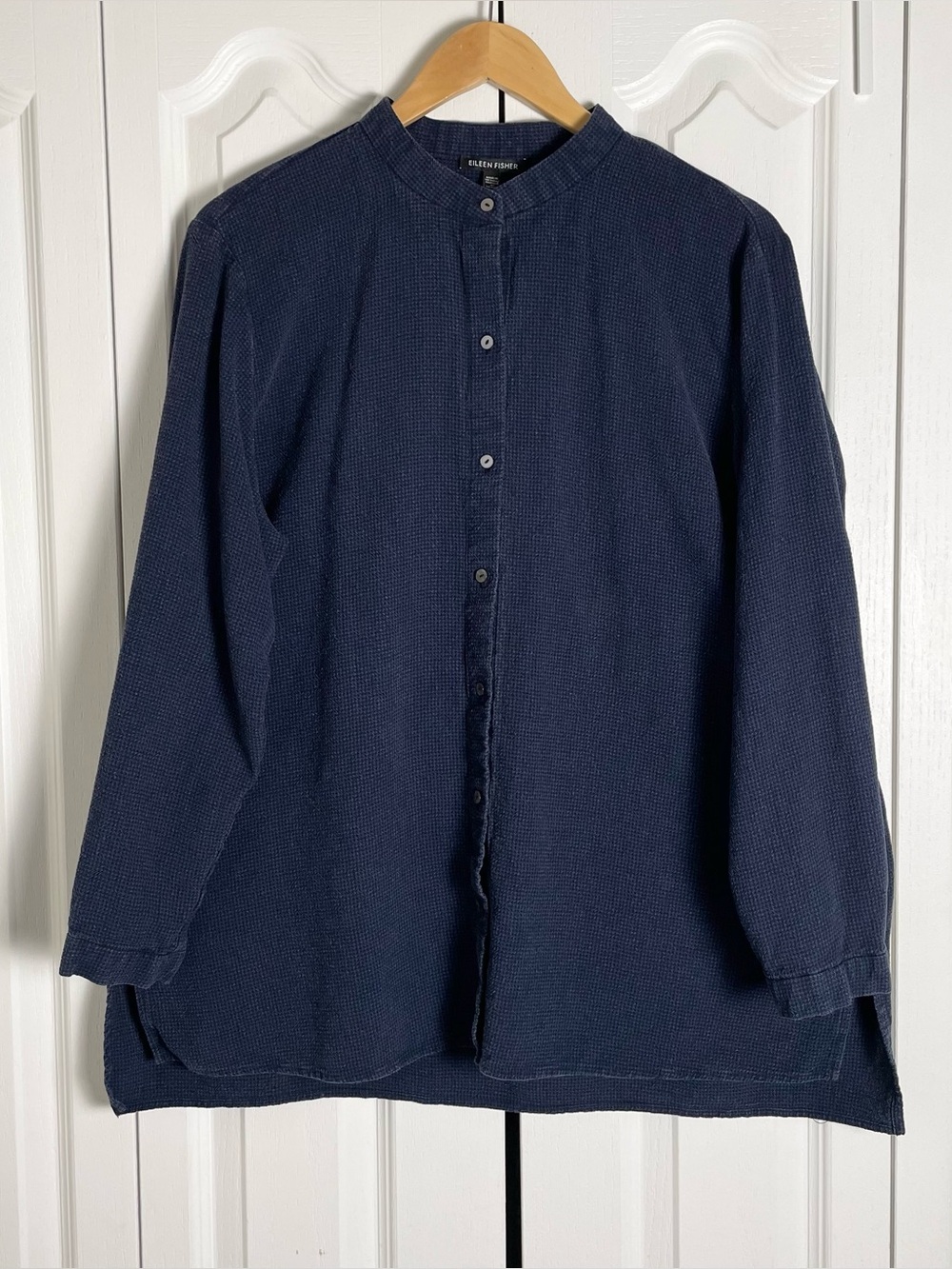 Eileen Fisher Mandarin Collar Tunic Top Shirt Women’s XL Blue Black Check Tencel